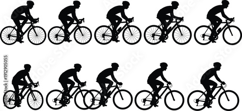 Cyclist silhouette collection showing road bicycle rider in different riding positions isolated on white background sports illustration design resource