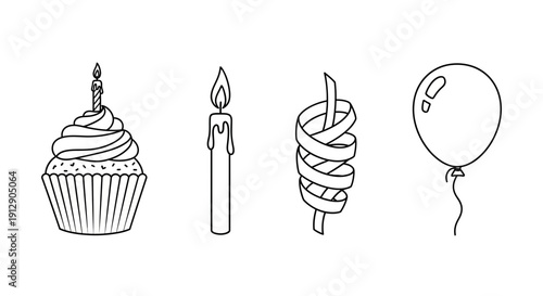 Birthday Party Icons: Cupcake, Candle, Streamer, Balloon - Black and White Line Art
