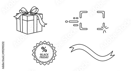 Black Friday Sale Icons: Gift Box, Focus Frame, Discount Badge, Ribbon Banner