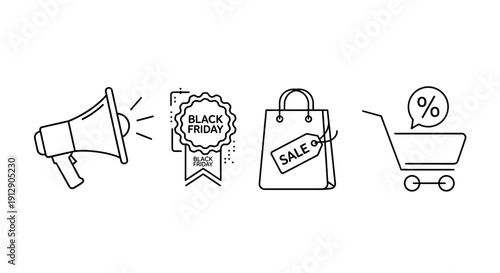 Black Friday Sale Icons: Megaphone, Badge, Shopping Bag, Cart with Percentage