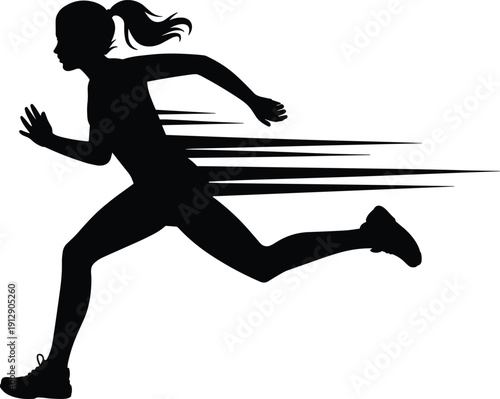 Female runner silhouette sprinting fast, athletic woman running with speed motion lines, black white vector fitness illustration