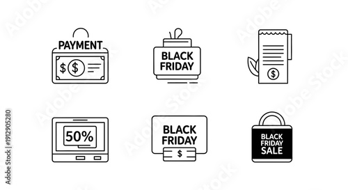 Black Friday Sale Icons: Payment, Discount Tags, Receipt, Laptop, Shopping Bag