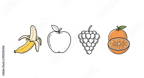 Assortment of Fresh Fruits: Banana, Apple, Grapes, and Orange, Isolated on White
