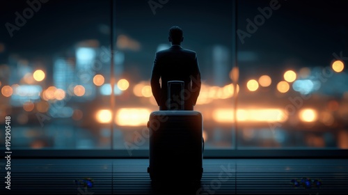 Businessman silhouette standing with luggage at a large airport window, watching the city lights blur in the background, contemplating travel and new opportunities