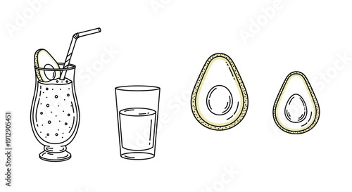 Avocado Smoothie and Fresh Avocado Halves Illustration