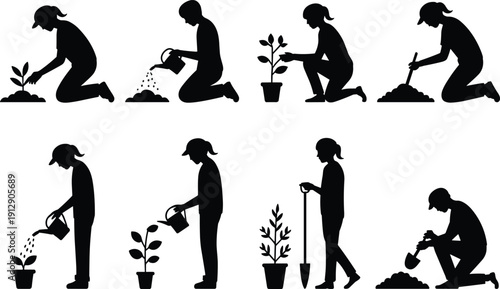 Gardener silhouettes collection, woman planting watering digging and caring for plants isolated on white background vector set