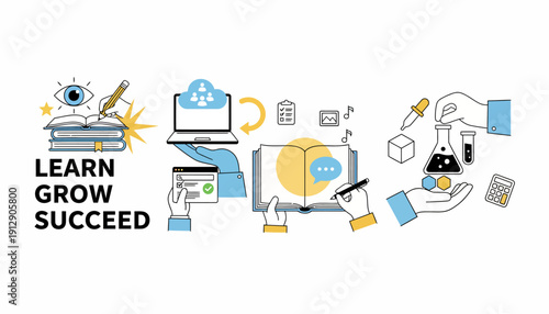 Education and learning concept with a person in a lab coat analyzing data on a computer screen with books and icons around