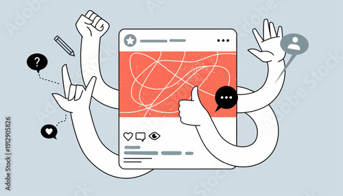 A cartoon character interacts with a smartphone displaying a map, surrounded by social media icons and symbols.