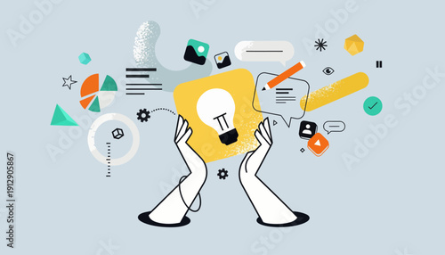 A creative character surrounded by colorful zc ai symbols and shapes.