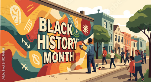 People celebrate Black History Month with vibrant street art in urban neighborhood