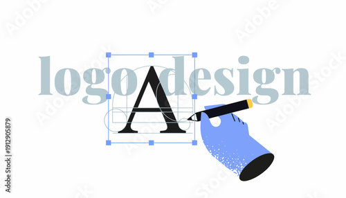 A graphic designer creates a logo using a paintbrush on a computer with letter A and grid lines.