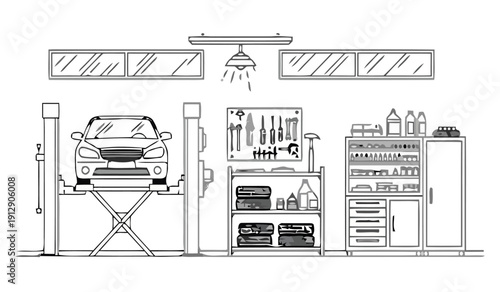 A car is being repaired in a garage with tools and equipment around it.