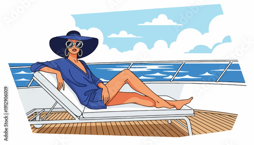 Woman relaxing on a cruise ship deck lounge chair zc