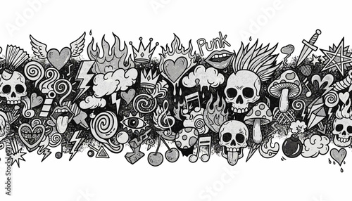 A chaotic arrangement of skulls and various doodles fills the frame.