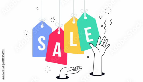 A hand reaches up to colorful sale tags in a lively shopping scene