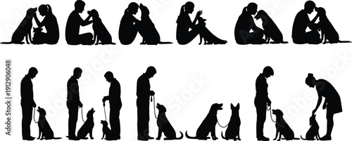 People with dog silhouettes set isolated on white background, pet owner interaction, training, love, friendship, animal care illustration collection design