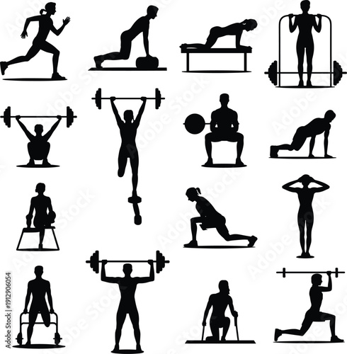 Gym workout silhouettes set with weightlifting, running and strength exercises, fitness training black vector illustration isolated background