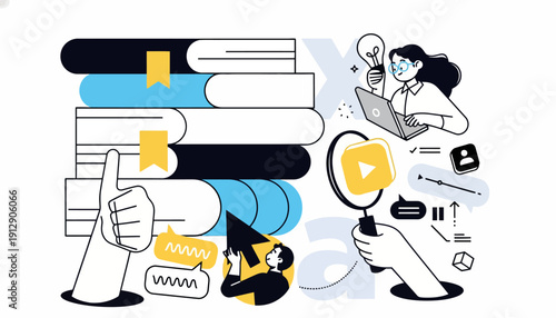 A woman searches through educational materials with a magnifying glass near stacked books and icons.