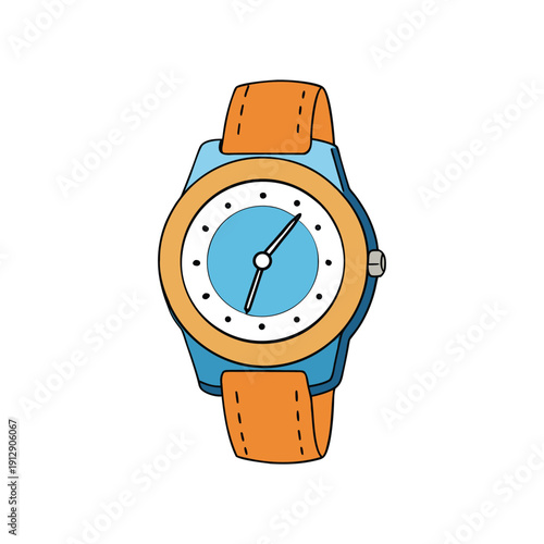 Wallpaper Mural Cartoon vector illustration of a light blue and orange analog wristwatch with a brown leather strap, isolated on a transparent background. Torontodigital.ca