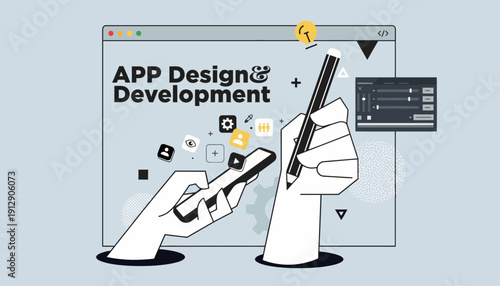 Hands designing and developing an app on a computer screen with tools