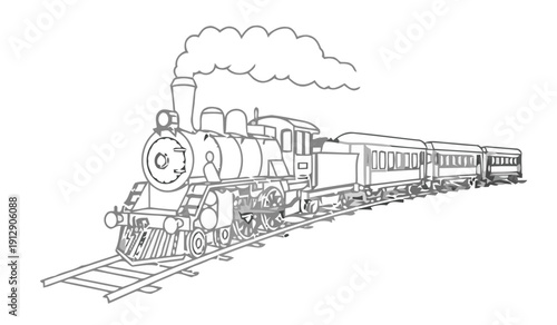 A vintage steam train chugs along the tracks with smoke rising.