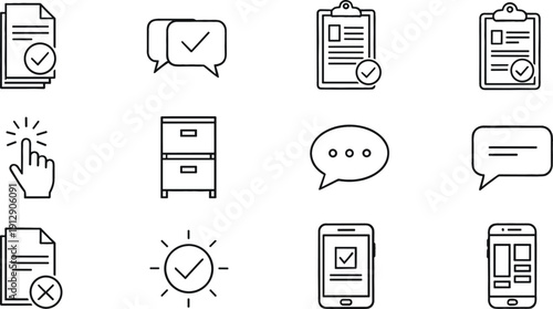 Task Management and Approval Line Icon Set with Checklists, Documents, Chat Messages, Mobile Interface, Verification, and Productivity Symbols for Web and App Design
