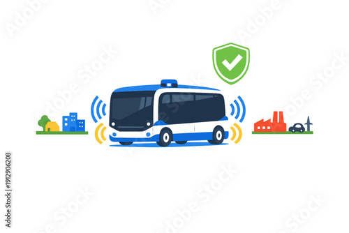 A stylized blue autonomous bus emits signal waves while traveling between residential and industrial areas, featuring a green safety shield icon on a black background.