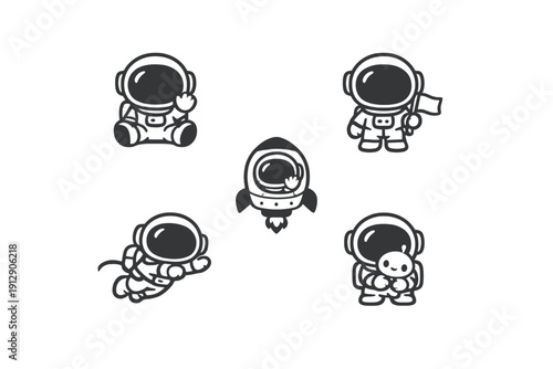 Five minimalist black and white cartoon astronaut characters in various poses. The set includes an astronaut waving, holding a flag, flying, in a rocket, and holding a small alien.