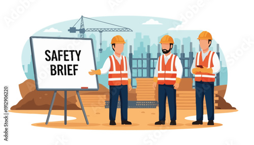 Construction workers discuss safety brief on site with crane