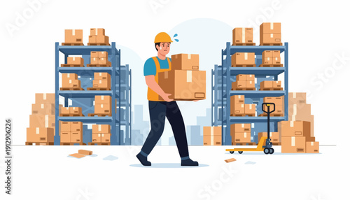 A worker in a warehouse lifting a box from a stack