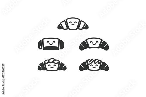 A collection of five cute, smiling croissant characters in a minimalist black and white style. Each pastry has a unique design and a happy facial expression on a dark background.