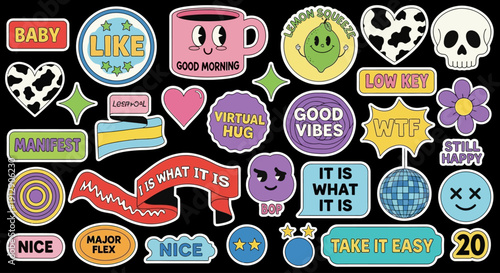 Colorful stickers with positive phrases and cute illustrations on black background featuring icons.