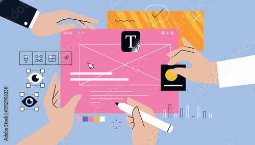 Four hands collaboratively designing zc ai on a pink digital canvas