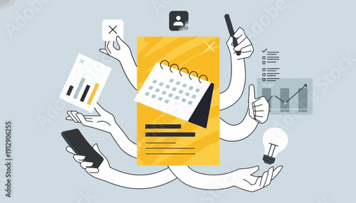 Hands holding various office supplies and devices around a calendar