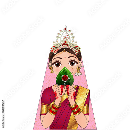 Bengali Wedding Bride Holding Betel Leaf (Paan) - Subho Drishti Ritual, Traditional Bangla Marriage Bridal Illustration Vector