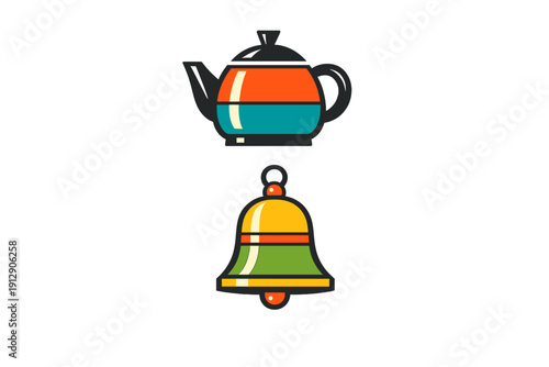This graphic shows a stylized teapot with orange and teal sections positioned above a yellow and green bell. Both objects are depicted in a flat vector style on a black backdrop.