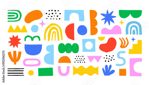 Vibrant shapes and colors create a lively abstract composition on a graphic design.