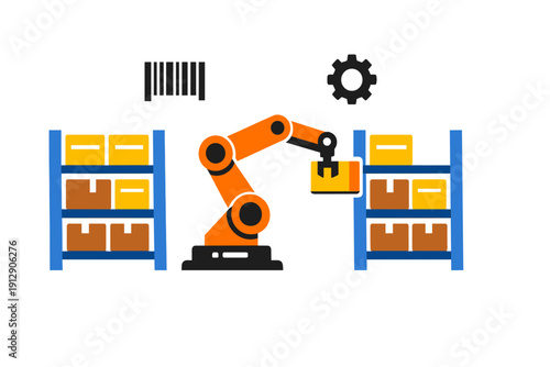 A flat vector illustration of an orange industrial robot arm organizing boxes on blue shelves in a warehouse. The scene includes a barcode and gear icon for automation.