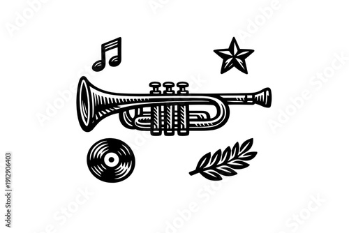A white line art illustration of a trumpet surrounded by musical notes, a star, a vinyl record, and a laurel branch, all set against a solid black background.