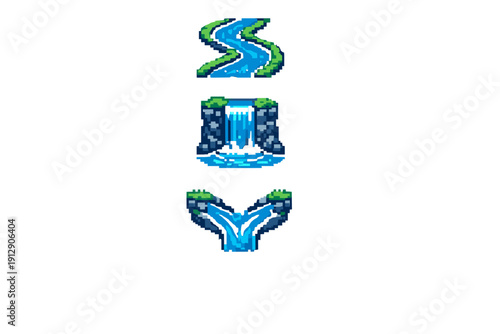 A set of three pixel art icons featuring a winding river, a waterfall flowing from a rocky cliff, and a water confluence, all designed in a retro video game aesthetic on a black background.