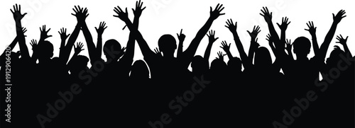 Silhouette crowd raising hands in celebration isolated on white background representing excitement, unity, festival, cheering audience energy concept illustration design graphic