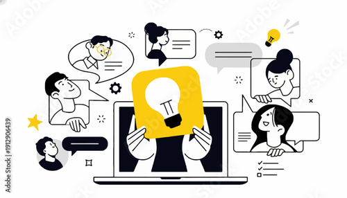 People discuss ideas around a computer with a lightbulb