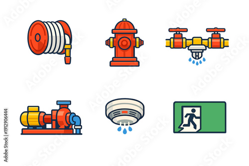 A collection of six fire safety and protection icons including a hose reel, hydrant, sprinkler system, water pump, smoke detector, and emergency exit sign on a black background.