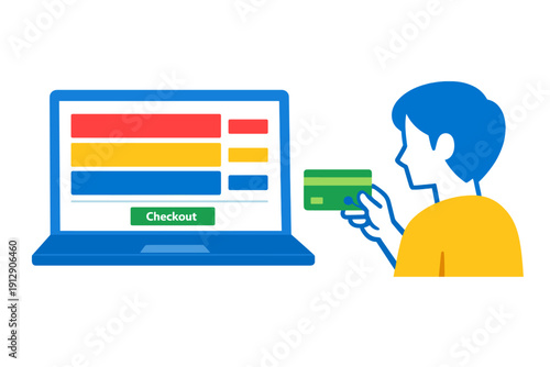 A flat illustration shows a person holding a credit card next to a laptop displaying a checkout button and colorful form fields for an online payment process.
