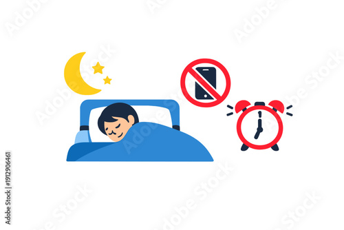 A flat illustration of a person sleeping peacefully in bed under a crescent moon and stars, featuring a no-phone sign and a red alarm clock to represent healthy sleep habits.