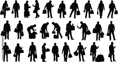 Shopping people silhouette collection isolated on white background featuring men and women carrying bags consumer illustration set graphic design