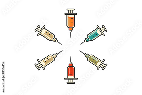 A flat illustration featuring six medical syringes filled with various colored liquids, arranged in a circular pattern pointing toward the center on a dark background.