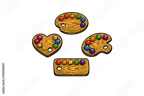 Four wooden artist palettes in various shapes like heart and rectangle are shown with colorful paint blobs on a black background. Each palette features a wood grain texture and a thumb hole.