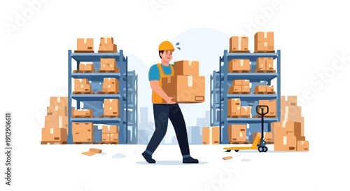 A worker in a warehouse lifting a box from shelves stacked with boxes.