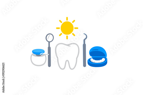 A collection of dental care icons featuring a large white tooth, dental floss, a mirror, a pick, and dentures, all arranged with a sun symbol on a solid black background.